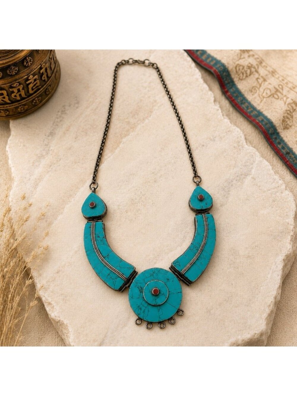 925 Sterling Silver Turquoise Mosaic Statement Necklace Nepal Tribal 83g Heavy